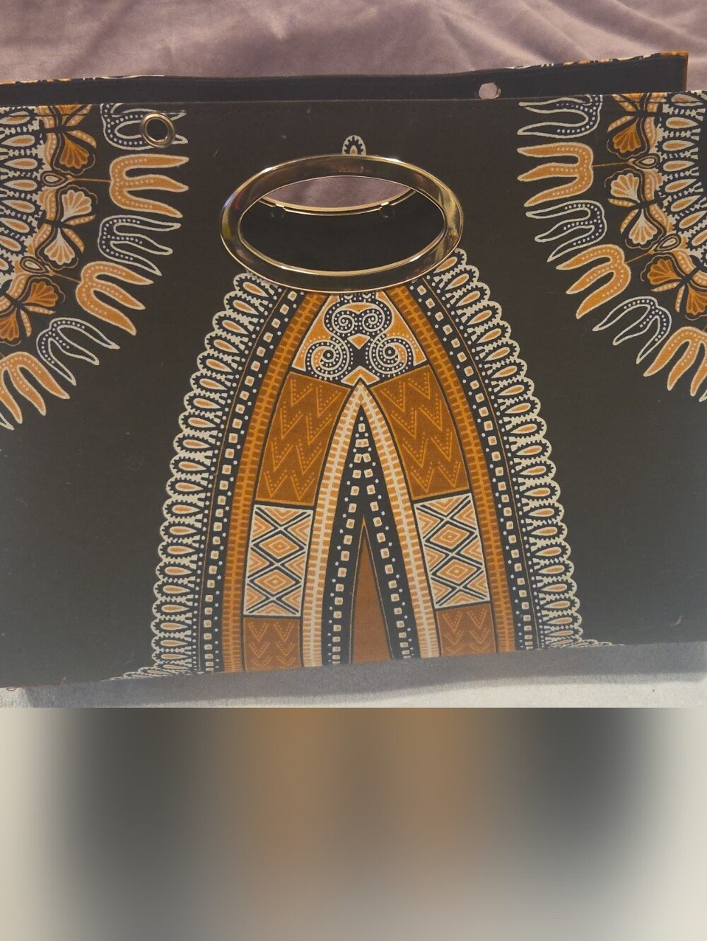 Stylish Black & Mustard Patterned Foldover Clutch with Gold Ring Handle